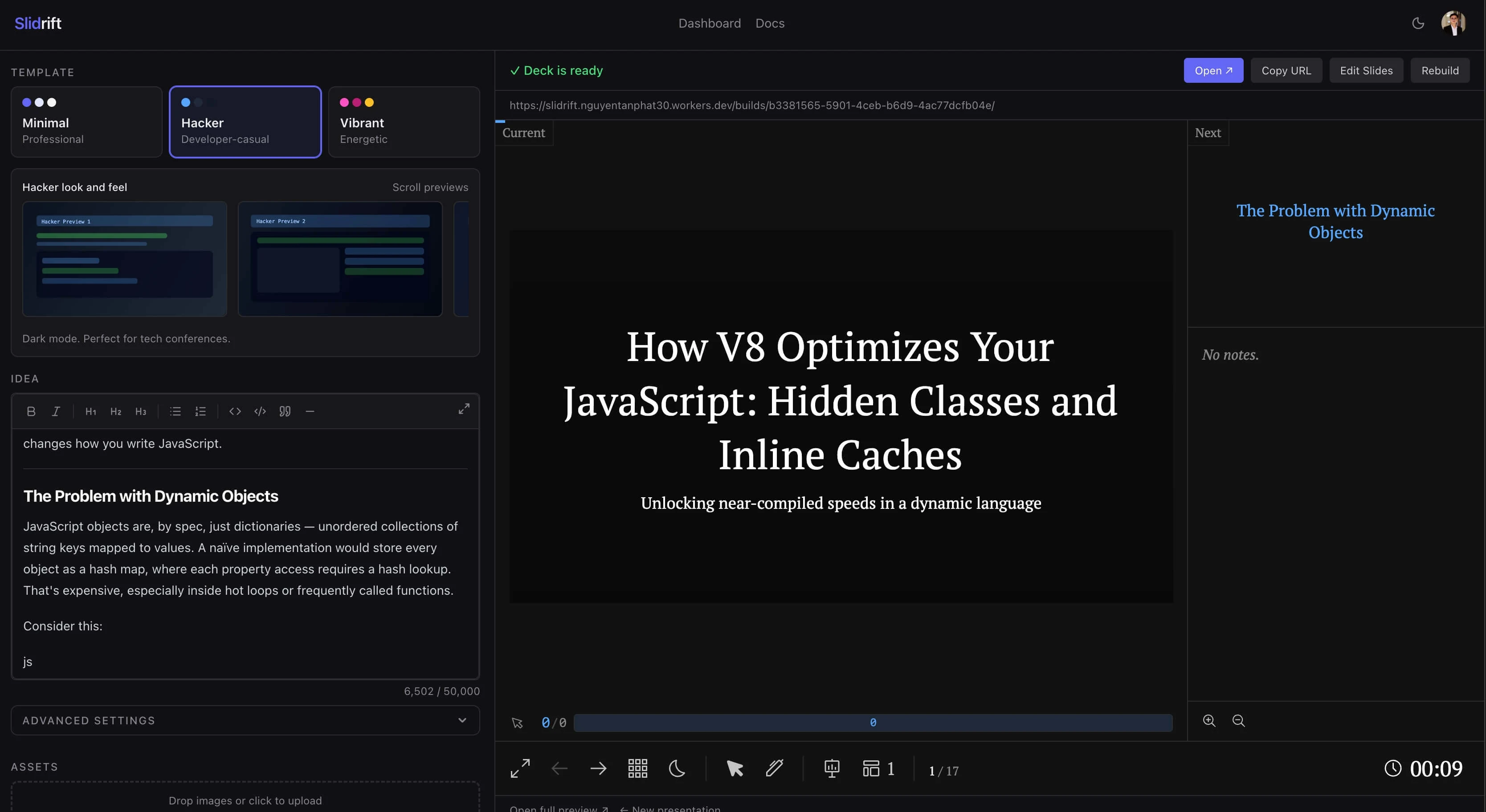 Slidrift editor — paste markdown on the left, see your presentation on the right